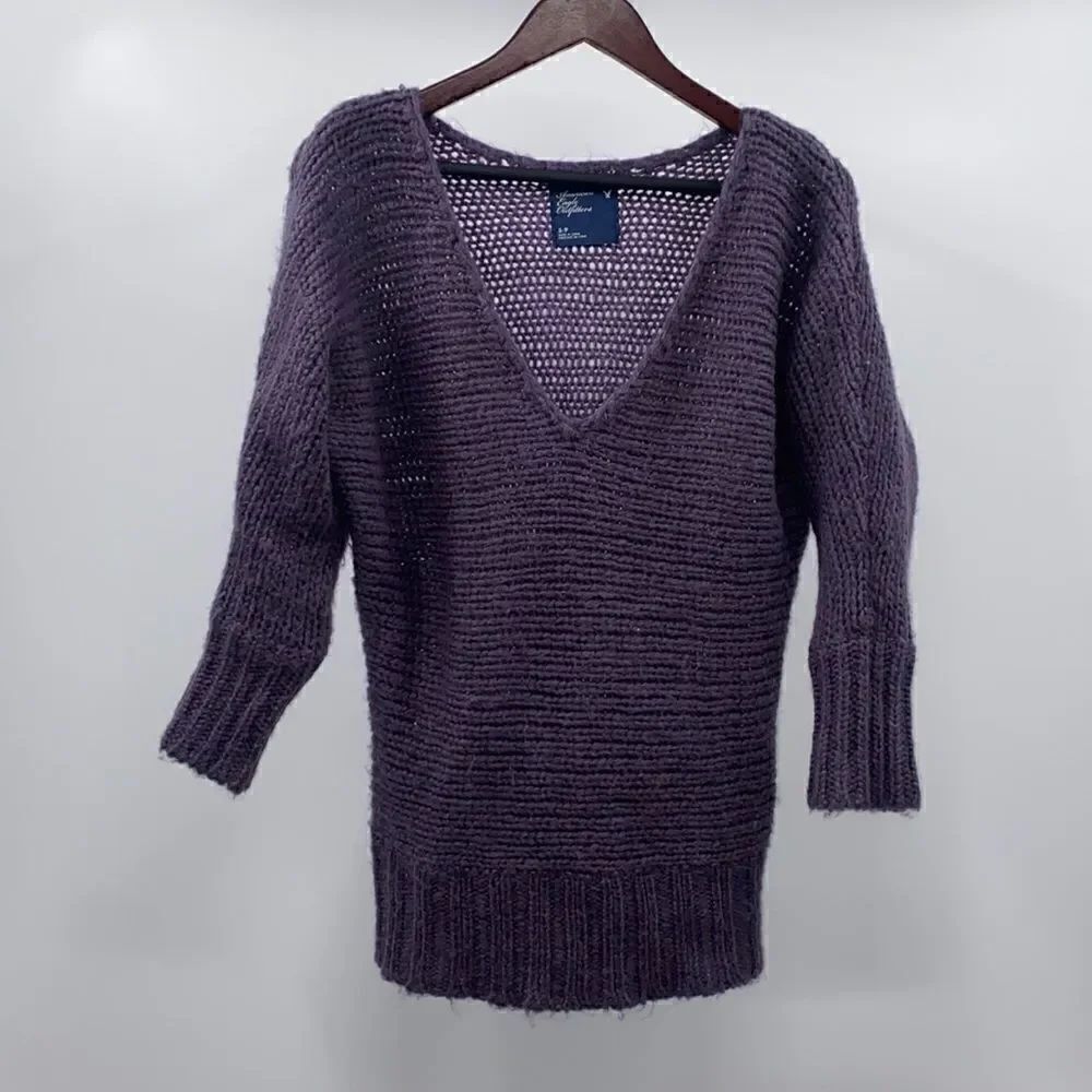 American Eagle Wool Mohair Blend V-Neck Tunic Sweater in Purple Size Small